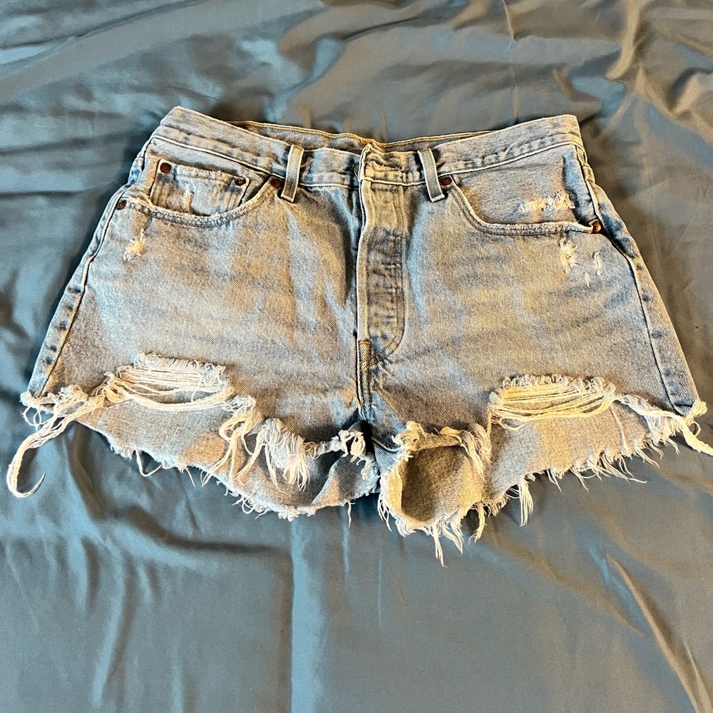Levi's Blue Distressed Jean Shorts with Raw Hem